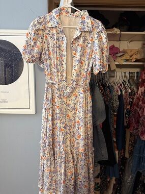 Cream Floral Maxi Dress with Blue & Orange Print